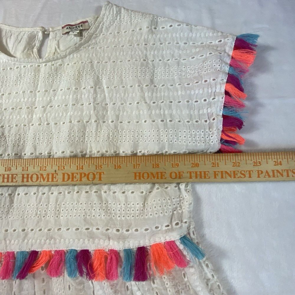 Andree White Babydoll Top Large Eyelet Boho Summer Beach Boutique Tassels Ruffle - Picture 6 of 10
